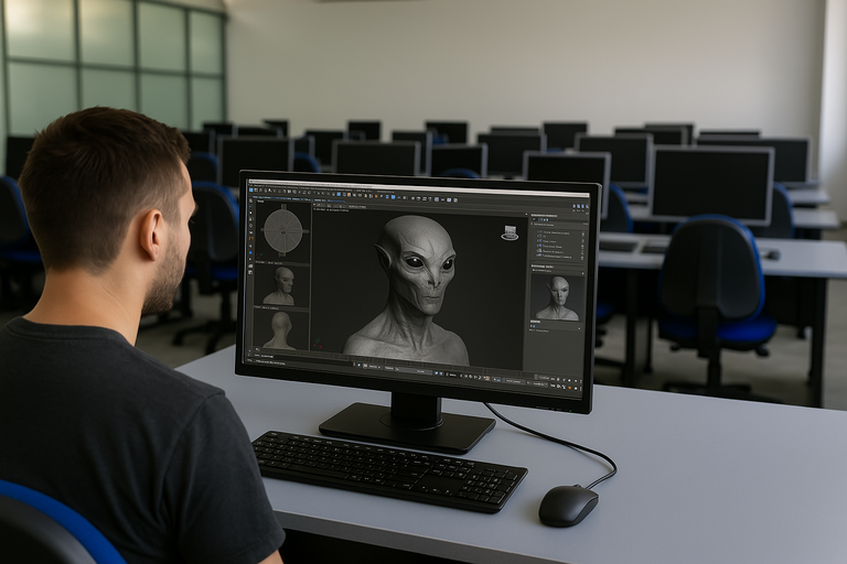 Alumno usando 3D Studio Max para diseñar un alienígena