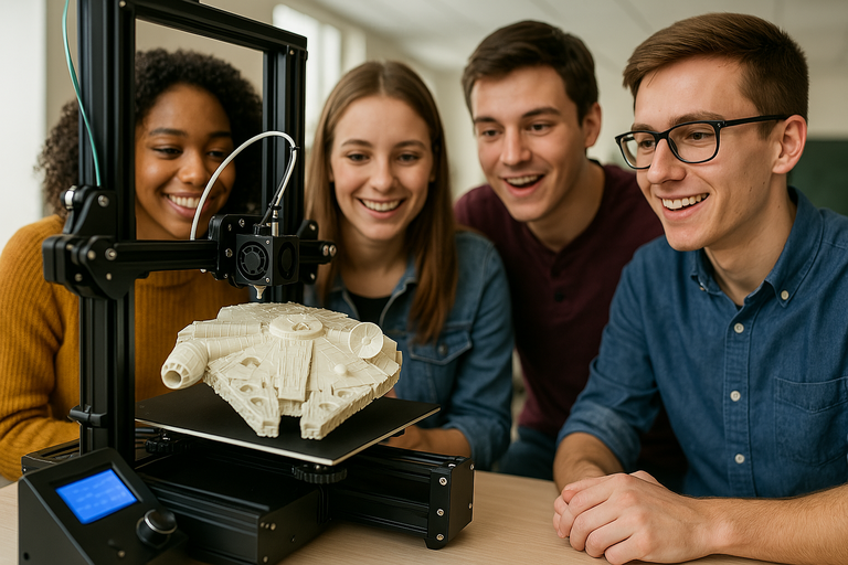 Estudiantes observando una impresora 3D imprimiendo el Halcón Milenario