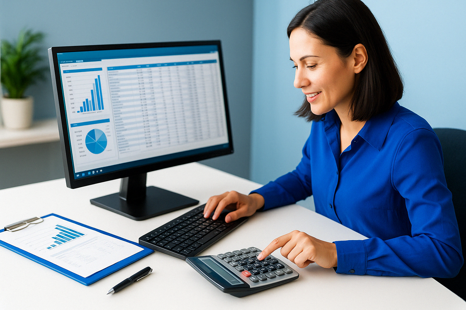 Mujer usando software contable moderno