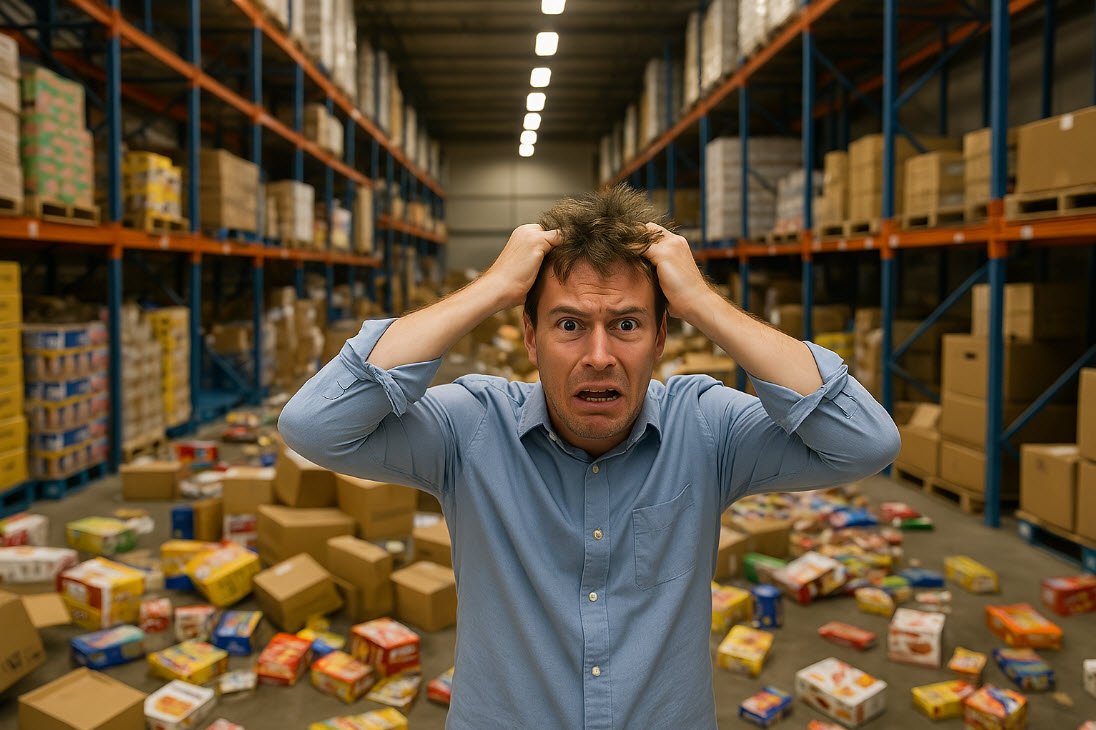 Almacén desordenado y trabajador estresado