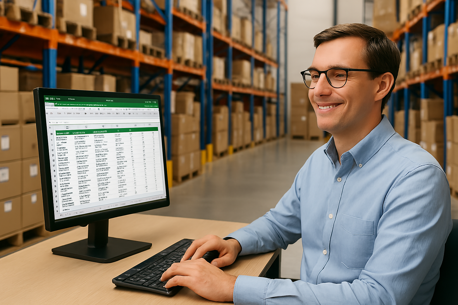 Almacén ordenado con uso de Excel y trabajador satisfecho